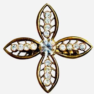 Vintage Coro Cross Brooch Rhinestone Gold Tone Signed Mid Century